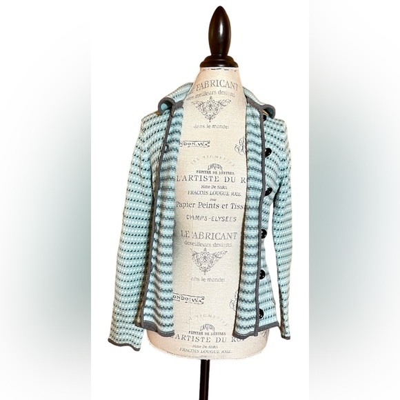 Ann Taylor LOFT Blue Gray & White Print Button up Belted Collared Cardigan Sz M - Picture 5 of 9